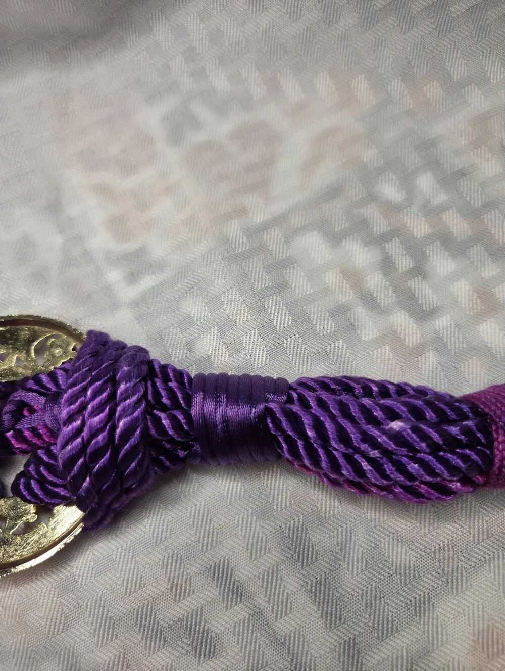 Vintage 80s Purple Braided Cord Belt Gold Filigree Medallion Knotted